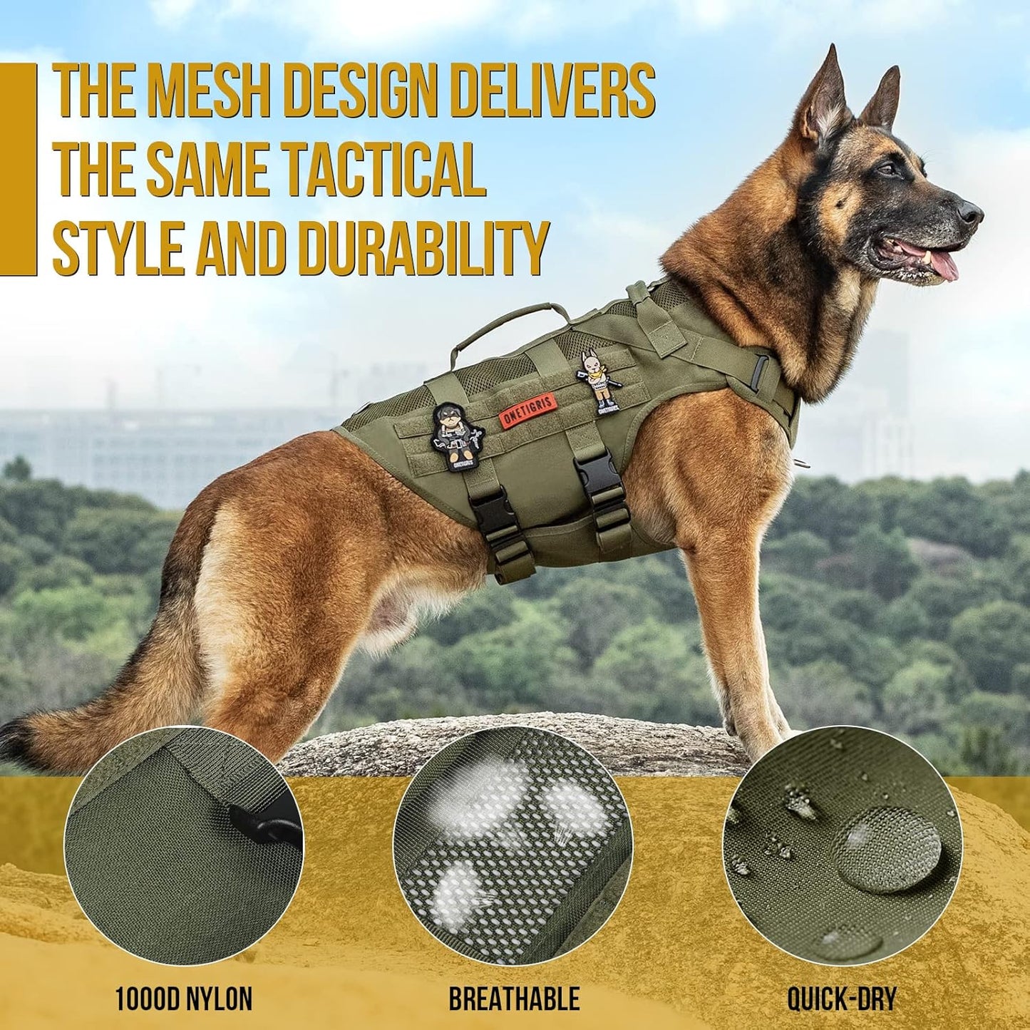 OneTigris No Pull Tactical Dog Harness for Medium Dogs, Aire Mesh Service Dog Harness Breathable Military Dog Molle Vests with Handles, Service Dogs Vest Harness for Walking Hiking Training
