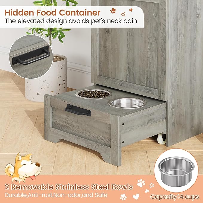 Garvee Dog Feeding Station with 2 Elevated Bowls, Grey | Dog Food Storage Cabinet, Flip Top Pet Feeding Station, Food Storage Container, Pet Toy Organizer
