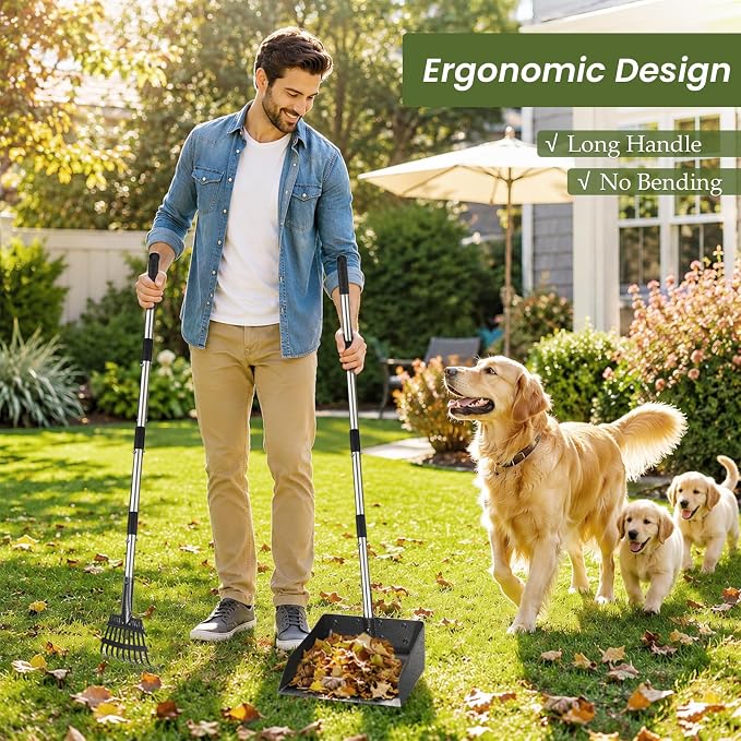 T2Y Dog Pooper Scooper for Multi-Dog Family, Long Handle Rake & Large Tray | 48" Tall No-Bend | 9.4'' Large Tray | Stainless Steel | Adjustable | Works on Grass, Gravel & Dirt | Easy to Install
