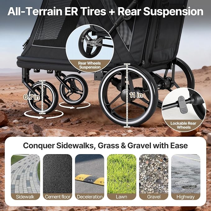 Beberoad 2-in-1 Dog Stroller & Bike Trailer for Large Dogs, R7 All-Terrain Pet Stroller with ER Tires & Shock Absorption, One-Second Fold, 360° Mesh Ventilation, Detachable Washable Waterproof Fabric