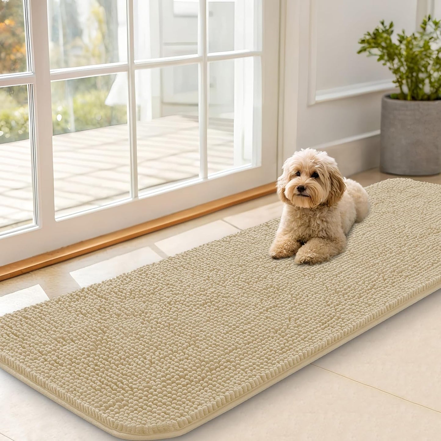 OLANLY Dog Door Mat for Muddy Paws 59x20, Absorbs Moisture and Dirt, Absorbent Non-Slip Washable Doormat, Quick Dry Chenille Mud Mat for Dogs, Entry Indoor Entryway Carpet for Inside Floor, Beige