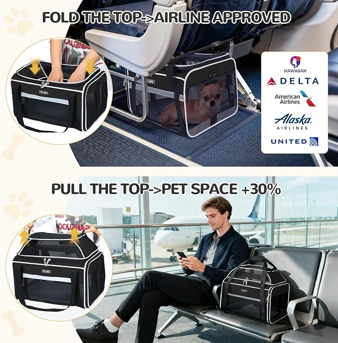 Lekereise Top-Expandable Pet Carrier 17x11x9.5 Inch Alaska Hawaiian Airline Approved Soft Sided Underseat to 12lbs Travel Carriers for Small Dogs and Cats with Locking Safety Zippers Anti-Scratch Mesh