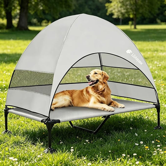 Outdoor Elevated Dog Bed with Canopy for Large Dogs, Grey, XL | Breathable Raised Cot with Shade, Tool-Free Setup for Patios, Backyards and Camping