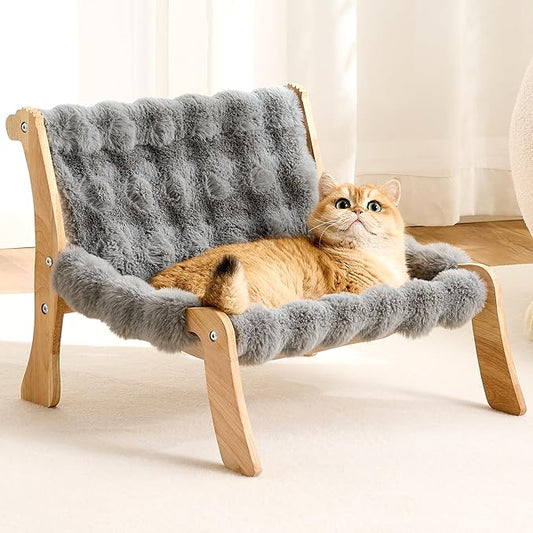 Solid Wood Cat Couch Bed for Indoor Cats, Modern Cat Sofa with Ultra-Soft Plush Surface Washable, Reclined Backrest, Elevated Plush Cat Lounge for Small to Adult Cats, Frost Gray