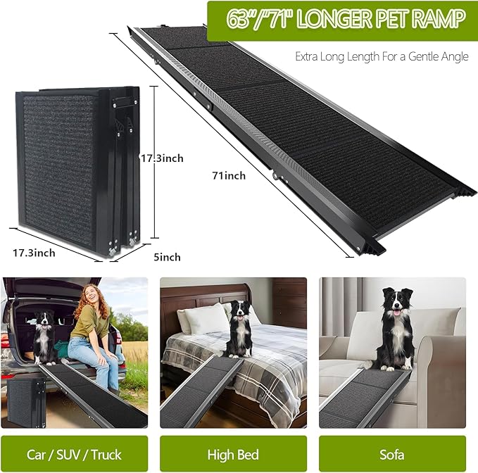 Dog Ramp for Cars SUV Truck-17.3"x71" Heavy Duty Foldable Wide Outdoor Pet Stairs with Non-Slip Surface Portable Folding Design for Large Dogs Up to 250lbs (71" L x 17.3" W)