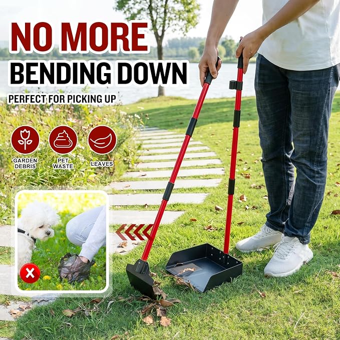 Pooper Scooper for Large Dogs, Adjustable Long Handle Metal Tray and Spade Poop Scooper for Dogs with Bin for Pet Waste Removal, No Bending Clean Up Pooper Scooper for Medium and Large Dogs,Red
