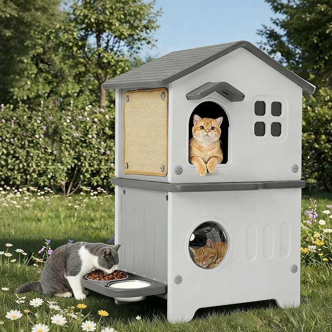 Rockever 2-Story Outdoor Cat House, Waterproof Cat House for Outdoor Cats | With Escape Door, Elevated Outside Cat House with Cat Bowls & Scratch Pads, Clean Easily(Grey)