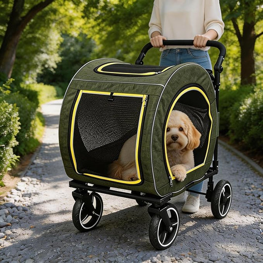 Saudism Pet Stroller for Dogs Cats up to 50 lbs, Foldable Dog Stroller with 360° Swivel Wheels, Detachable Carrier, Adjustable Handle, Travel Dog Stroller for Small Medium Large Pets, Green