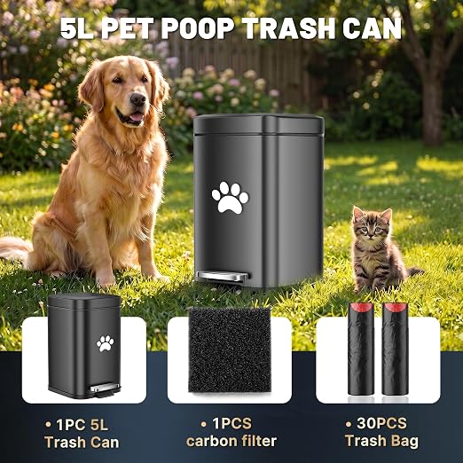 Small Dog Poop Trash Can Outside with Odor Control Lid, 5L/1.3Gal Metal Step Pedal Waste Bin & Removable Inner Bucket, Includes 30 Trash Can Bags, Indoor/Outdoor/Yard Dog Waste Trash Can (Black)