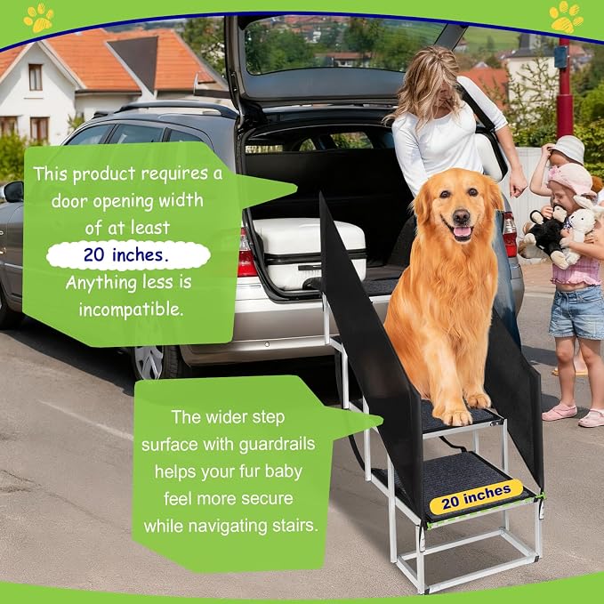Dog Stairs with Guardrail for Large Dogs Extra Wide 20 Inch Step, High34 in 4 Step Foldable Dog Ramp, Supports up to 230 lbs Designed for Oversized SUVs, Off Road Vehicles, and Pickup Trucks- Felt