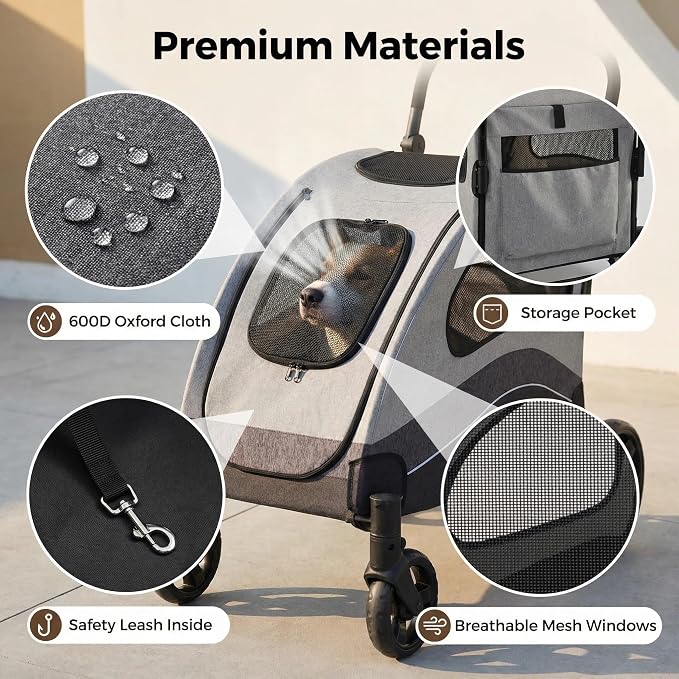 Garvee Extra Large Dog Stroller with Steel Pipe Frame, Wheels, Brakes, Shock Absorption, Foldable Design - Black