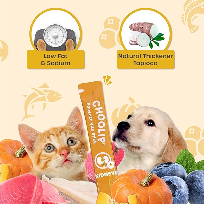 Choolip Squeeze Vita Stick Lickable Cat & Dog Treats – 14 Sticks (2×7 Value Bundle) Kidney Support, Creamy Grain-Free Puree with CoQ10, Omega 3 & Vitamin E for Hydration & Renal Health