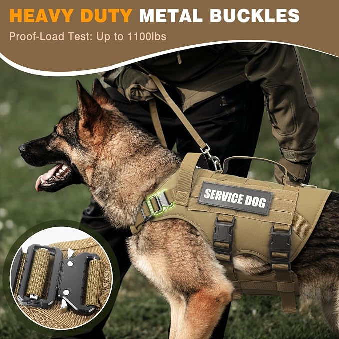 Tactical Dog Harness with Dog Leash, Service Working MOLLE Vest with 10 Pet Patches for Large Dog, No Pull Military Harness and Backpack for Training Hunting Walking