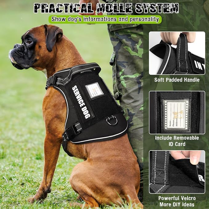Tactical Dog Harness and Leash Set for Large Dogs+10 Dog Patches | Heavy Duty No Pull Service Dog Vest with Dog Seat Belt,Padded Handles,Adjustable Reflective for Training Hiking Black L