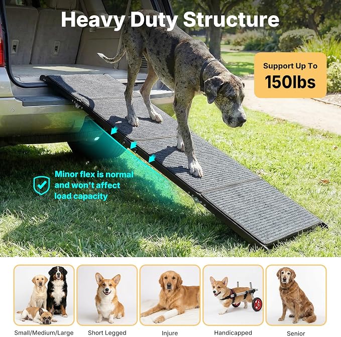 Veehoo Foldable Dog Ramp for Car Truck SUV Extra Large Wide 71" L 20" W | Outdoor Dog Ramp Heavy Duty for Pickup Trucks Minivan Portable Metal Pet Ramps for Injured Senior Dogs, Support up to 150lbs