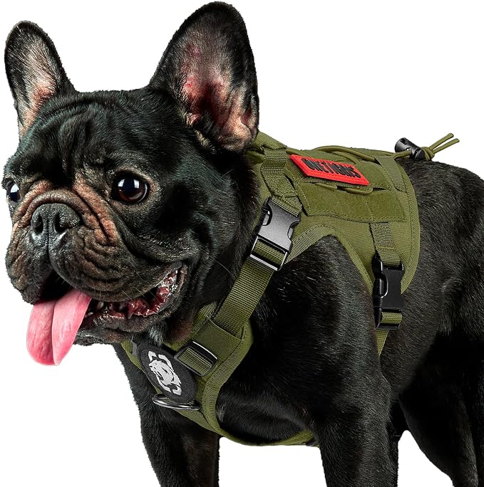OneTigris Tactical Dog Harness with Handle No-Pull Adjustable for Small Dog | Military 1000D Pullable Nylon, Service Dog Vest with Hook & Loop Panels, Easy On & Off for Walking Hiking Training Green XXS