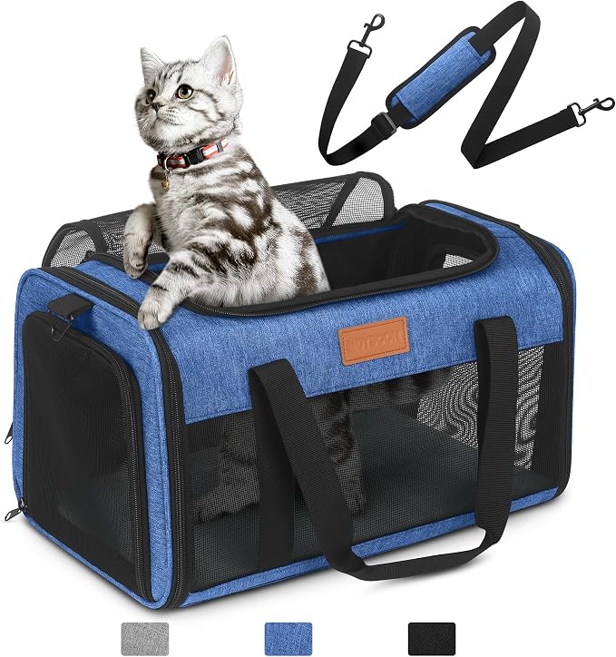 PETUX Airline Approved Pet Carrier for Small Cats up to 12 lb, Blue | 17x11x9.5 in, Underseat, Top & Side Entry, Soft Sided Cat Carrier with Breathable Anti-Scratch Mesh for Travel & Vet