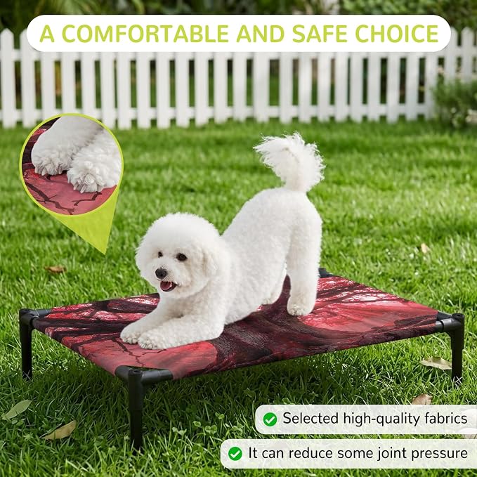 Outdoor Elevated Dog Bed for Large Dogs, Red Trees Breathable Cooling Raised Dog Cot for Indoor/Outdoor, Country Forest Branches Nature Light View Waterproof Elevated Pet Beds, L 28 x 22 in