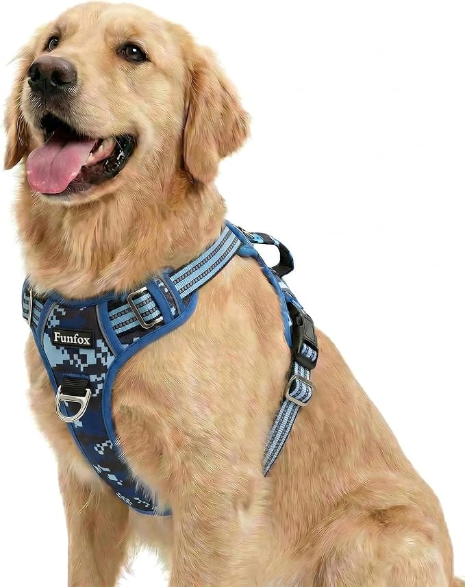 Dog Harness No Pull, Adjustable Pet Vest Harness, Super Soft Material with Vertical Handle Easy Control, Reflective Night Walking, 2 Leash Clips for Large Dogs, Mosaic Blue, L