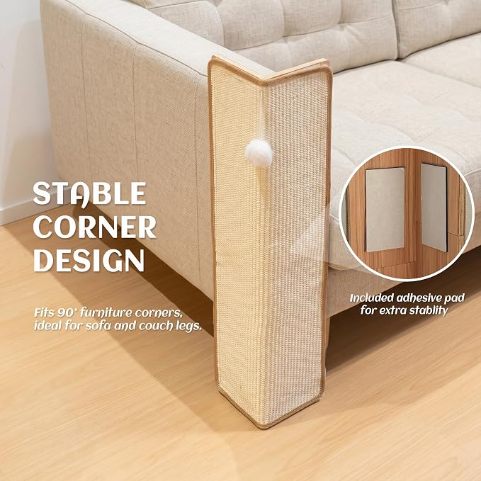 PETKARAY 27.9'' Cat Scratching Post for Couch Corner, Furniture Protector | Under-Furniture Cat Scratcher, Natural Sisal Scratch Pad, Anti Scratch Couch Protector for Indoor Cats with Toy Ball