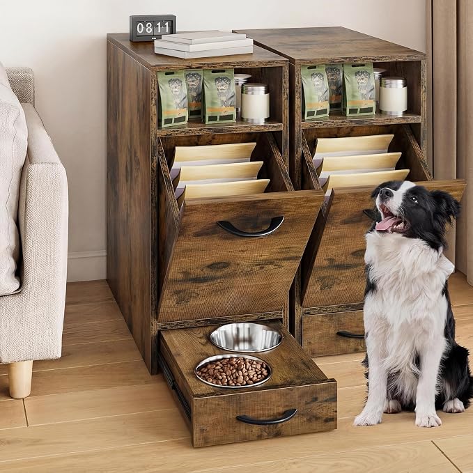 DWVO 30.6" Dog Feeding Station with Storage & 4 Feeder Bowls | Tilt-Out Dog Food Cabinet, Pull Out Elevated Dogs Bowl, Rustic Brown