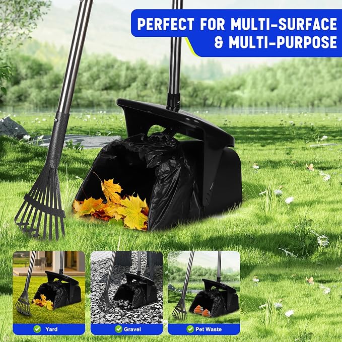 Dog Poop Scooper with 20 Bag Attachment Long Handle Swivel Bin, Rake Heavy Duty Pooper Scooper for Large Medium Dogs Easy to Clean Pet Accessory Pet Waste Removal Solution for Yard, Grass, Gravel