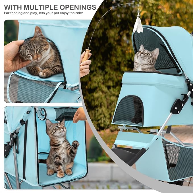 MoNiBloom 3 Wheels Pet Dog Cat Stroller for Small Medium Dogs Cats, Lightweight Foldable Jogger Stroller w/Storage Basket and Cup Holder, Mint Green