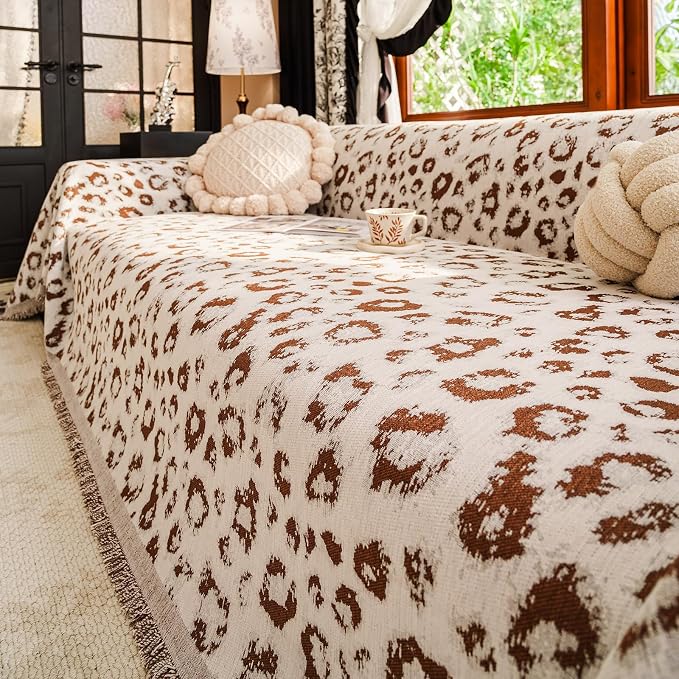 VClife Boho Couch Cover, Cute Animal Cheetah Throw Cover for Couches, Extra Large Couch Covers for 3 Seaters, Non Slip Couch Slip Cover for Dog Versatile Furniture Protector, Brown, 71''x150''