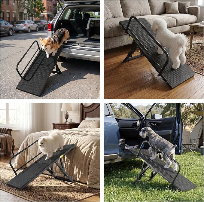 Dog Ramp for Bed,Couch,Car, 5-Level Adjustable Foldable Pet Ramp | With Non-Slip Rubber Surface & Safety Side Rail, Adjustable Height 13"-18.3", For Small & Medium Dogs, Supports Up to 200 lbs