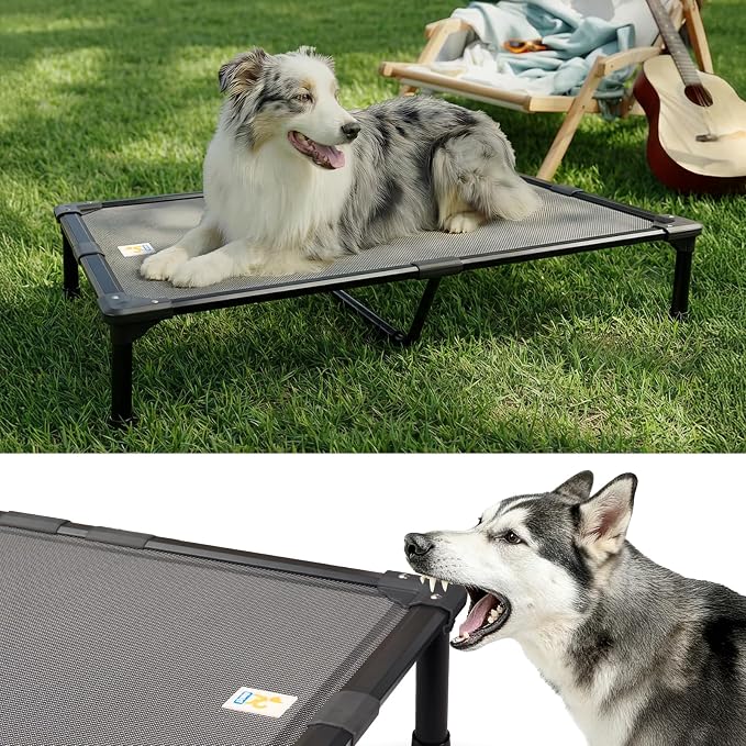 42'' Indestructible Outdoor Elevated Dog Bed for Large Dogs, Chew-Proof Pet Camping Raised Cot with Breathable Mesh - Durable Frame, Cooling Hammock Bed, Non-Slip Feet, Waterproof, Easy Clean