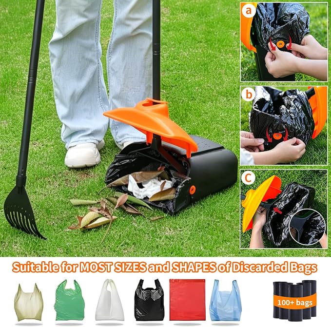 ienjoyed 40" Tall Dog Pooper Scooper with 100 Bags Attachment, Large Capacity Swivel Bin and Rake Metal Pole, Long Handle Pooper Scooper for Large Dogs, Dog Poop Scoop for Yard (Orange)