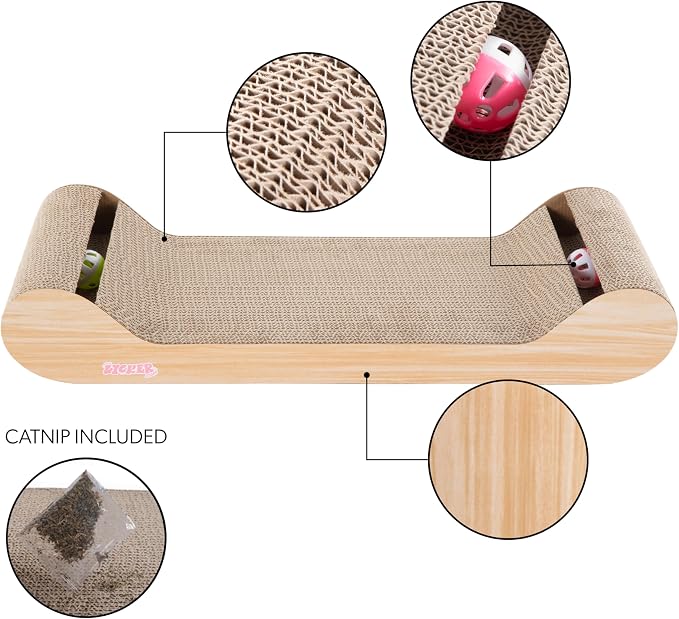 Rini 23.75" Modern Corrugated Cardboard Lounge Bed with Built-in Bell Toys and Catnip, Ergonomic Curved Sofa Scratcher for Indoor Cats, Oak Wood Finish, (Set of 2) CSR1003C-SET2
