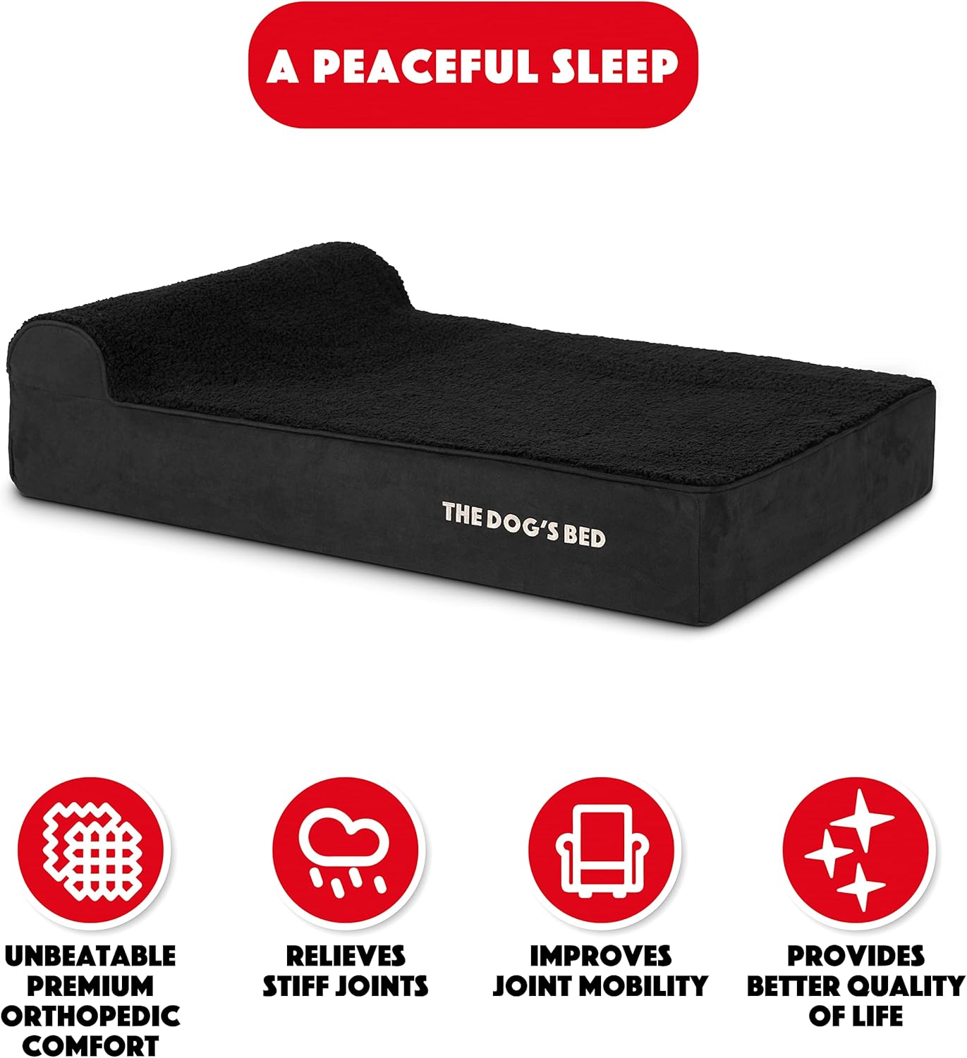 The Dog’s Bed Orthopedic Headrest Dog Bed Large Black Plush 40x25, Memory Foam, Pain Relief for Arthritis, Hip & Elbow Dysplasia, Post Surgery, Lameness, Veterinary Approved, Waterproof Washable Cover