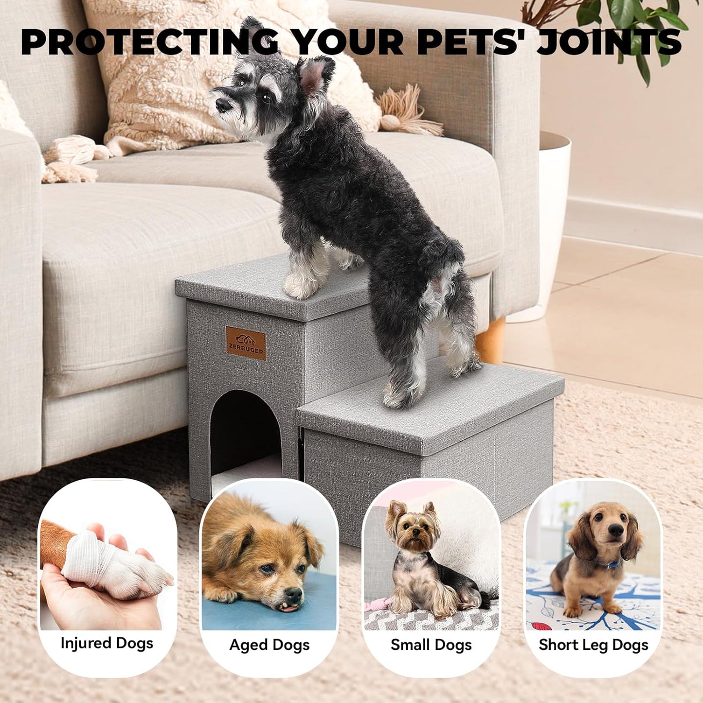 Dog Stairs 15" H, 2-Step Wider Dog Steps for Small/Medium/Large Old Dogs Cats, Folding Sturdy Storage Pet Stairs Climbing Bed Couch, Dog Ramp for Car Hold Up to 150 lbs(Gray, with Condo)