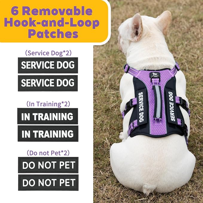 Service Dog Vest Harness, Escape Proof Harness with 6 Patches, No-Pull, Reflective Harness with Handle, Adjustable for Small to Large Dogs, for Training and Hiking (Lavender Purple, S)