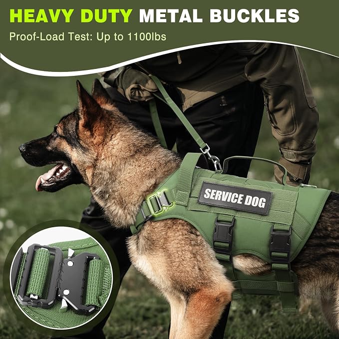 Tactical Dog Harness with Dog Leash, Service Working MOLLE Vest with 10 Pet Patches for Dog, No Pull Military Harness and Backpack for Training Hunting Walking
