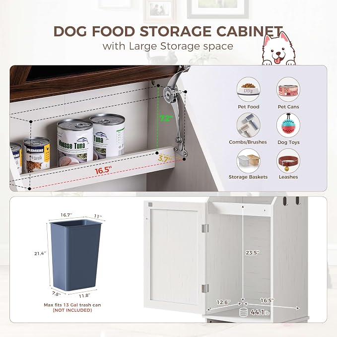 FIMELLO Dog Feeding Station with Storage, Dog Food Cabinet with 2 Hidden Feeding Bowls, Flip-Top Pet Storage Cabinet, Pet Food Holder, White Grain