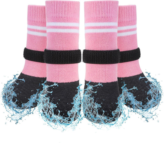 SCENEREAL Anti Slip Dog Boots & Paw Protectors for Hardwood Floor, Extended Dog Socks to Prevent Licking Paws, Waterproof Pet Snow Rain Shoe for Winter Large Senior Dogs, Pink L