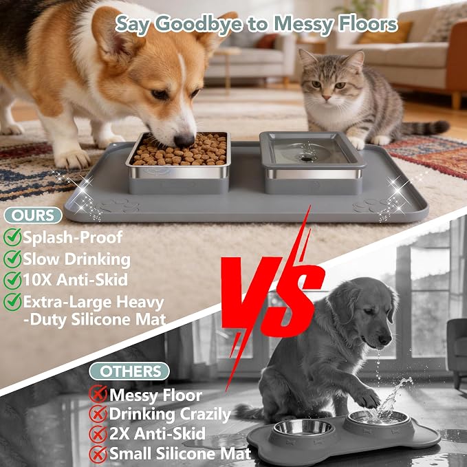 Dog Bowl Set, No Spill Dog Water and Food Bowl with Silicone Mat | Large Capacity 304 Stainless Steel Bowls, 2-In-1 Set, Slow Drinking, Anti-Slip Silicone Feeding Mat, Home/Travel, 6-7 Cups