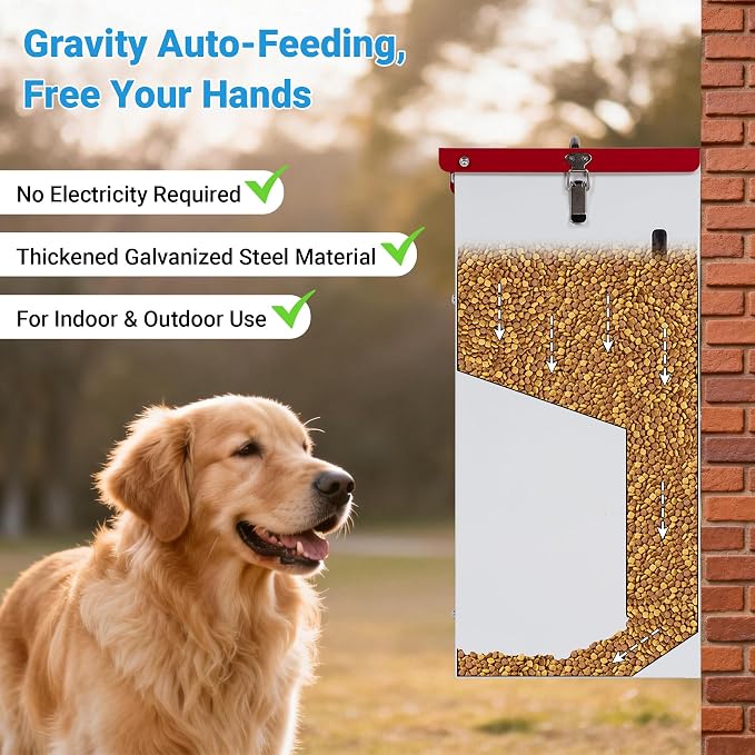 Automatic Dog Feeder, 2 PCS 25LBS Capacity Auto Gravity Dispenser | Powder Coated Dog Feeder, Waterproof for Indoor & Outdoor Use, 12.3"L x 10.5"W x 21.3"H, Red and White