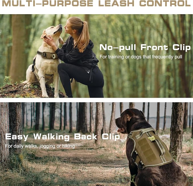 Dog Harness Medium Sized Dog, No Pull Dog Vest with Molle System | Tactical, Easy Control With Handle, Breathable Soft Padded, Adjustable, Reflective, No Choke for Walking, Khaki Medium