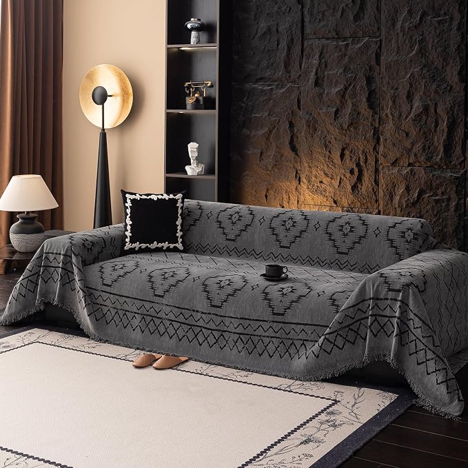 VClife Couch Cover Sofa Cover Washable Sofa Protector, Non Slip Couch Covers for 3 Cushion Couch Sofa Modern Tribal Pattern Sofa Slipcover Dog Furniture Protector, Soft Chenille, Dark Gray, 71"X134"