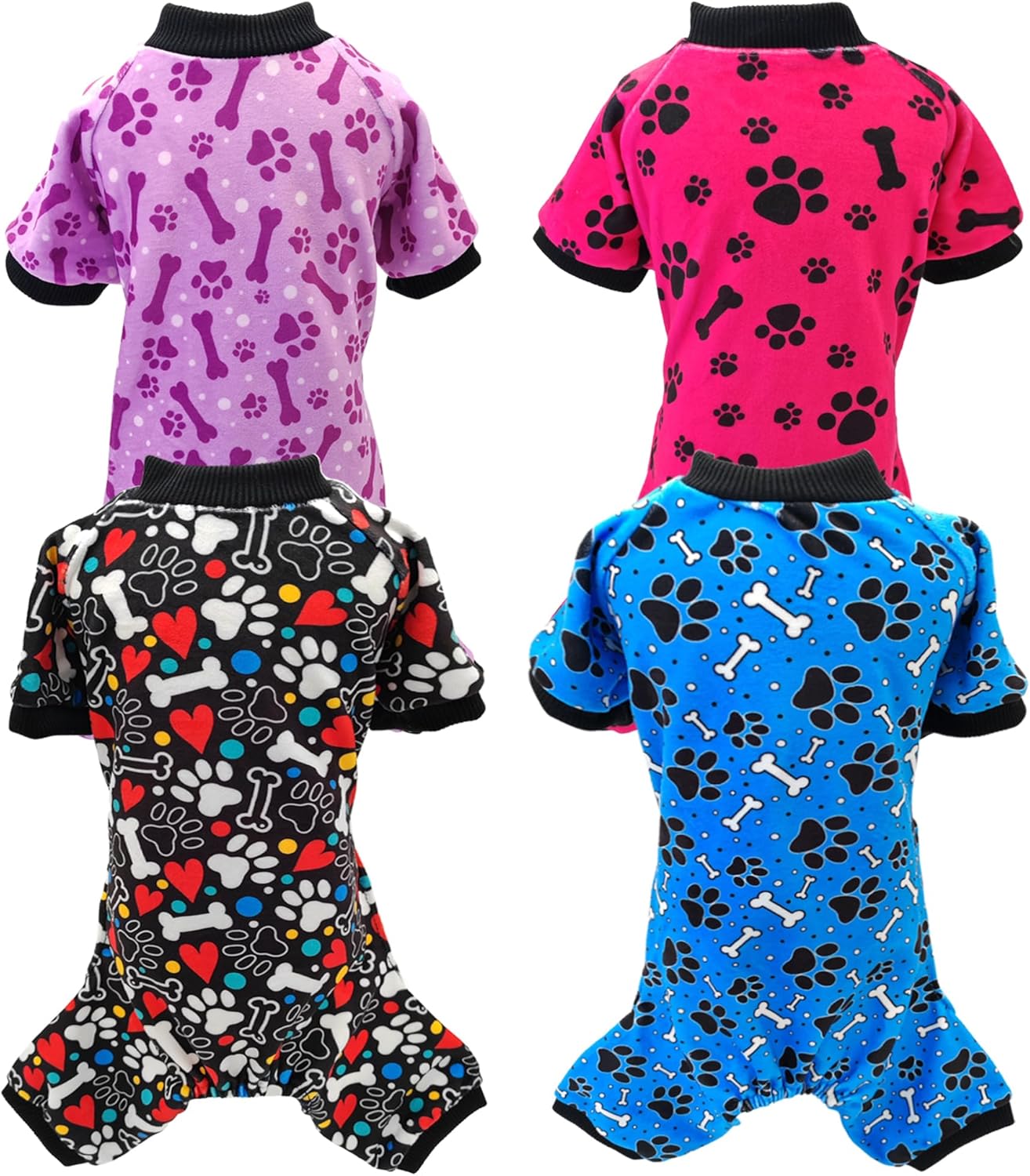 PET SHOW 4 Pack Small Dog Pajamas Paw Bone Patterns Cute Clothes for Medium Dogs Soft Fleece Stretchy PJs 4 Legged Jumpsuit Puppy Cats Onesies Outfits with Sleeve Dachshund Doggies Girl Boy (XX-Large)