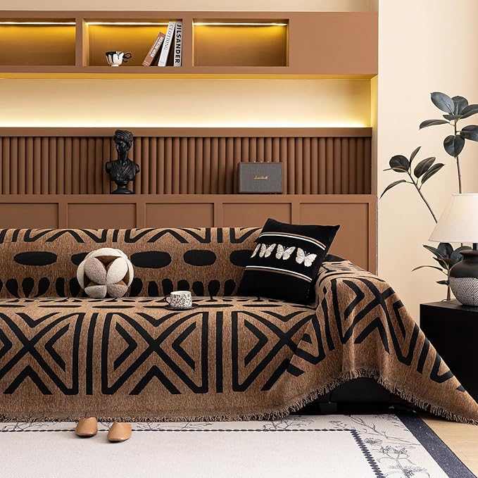 VClife Couch Cover Bohemian Morroccan Sofa Cover Washable Sofa Slipcover for 3-4 Cushion Couch Sofa Non Slip Soft Chenille Furniture Protector Modern Brown Black Slip Cover for Couch 71''x150''