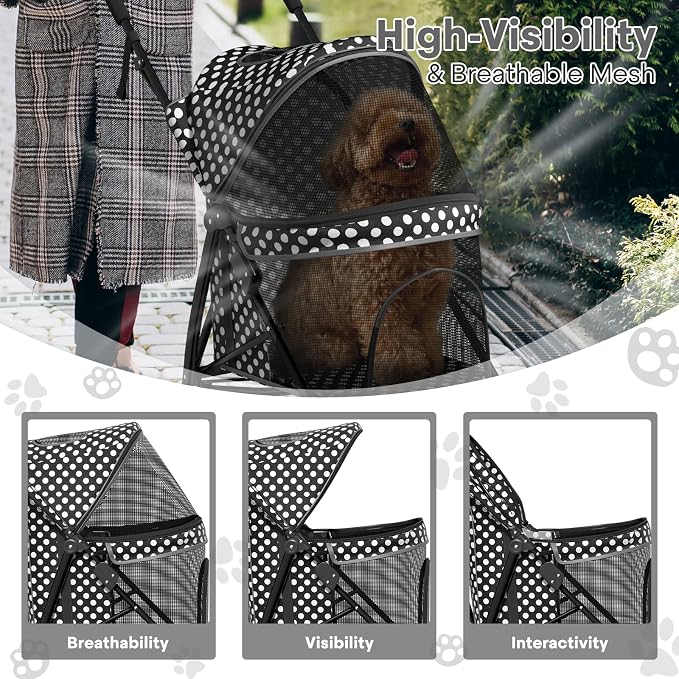 Pet Stroller for Small Dogs & Cats - 10-22lbs, Rear Storage, Black Polka Dots