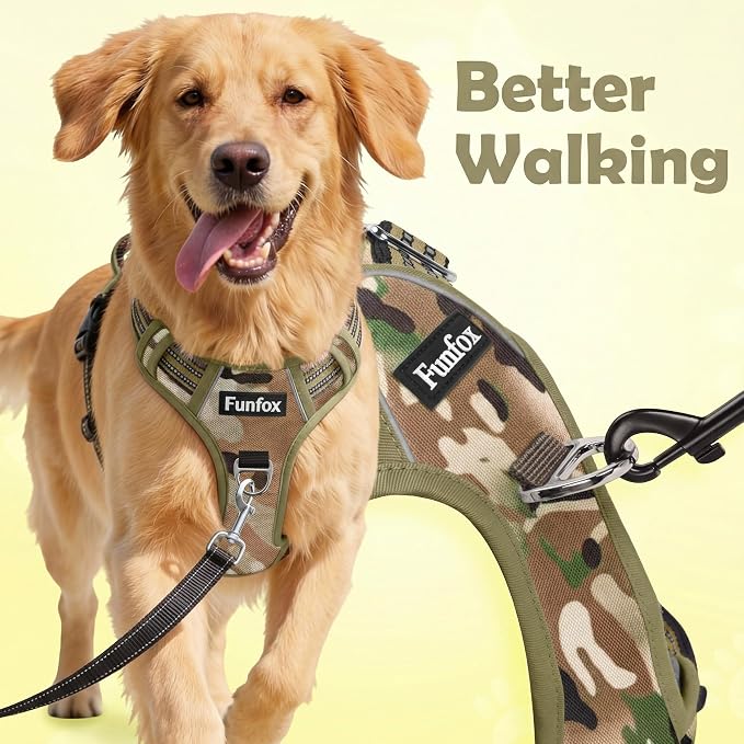 Dog Harness No Pull, Adjustable Pet Vest Harness, Super Soft Material with Vertical Handle Easy Control, Reflective Night Walking, 2 Leash Clips for Medium Sized Dogs, Camo Green, M