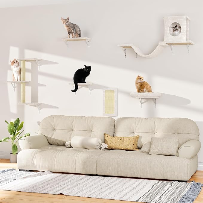 6-in-1 Cat Wall Shelves, Wall Mounted Cat Climber with Condo House, Scratching Post, Bridge Ladder, Space-Saving Indoor Play Furniture for Kittens, Beige