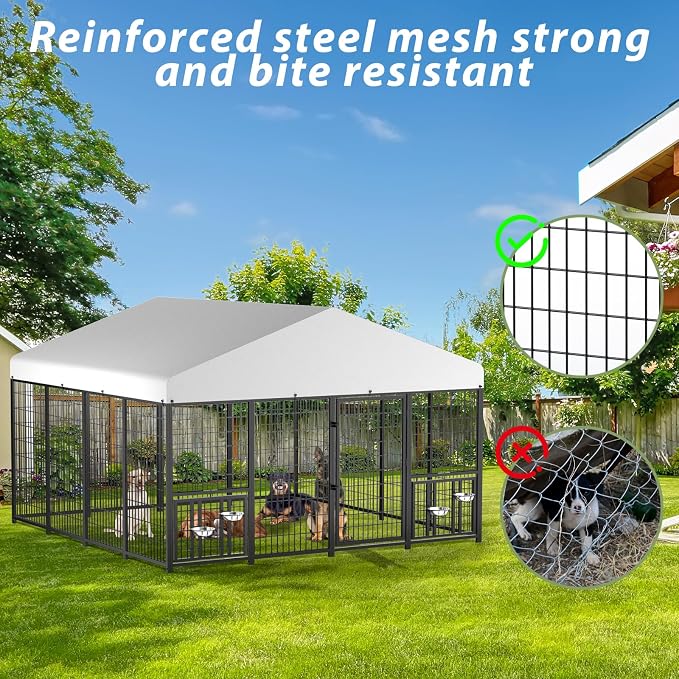 LOVMOR 10' x 10' Outdoor Dog Kennel with Roof for Large Dogs | Heavy duty steel frame, waterproof canopy, double latch door, adjustable feeding bowls for yards and patios