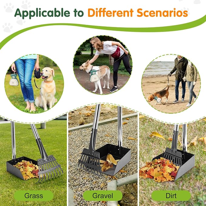 lychee Heavy Duty Stainless Metal Dog Pooper Scooper Tray and Rake Set for Yard- Portable Pooper Scooper for Small to Medium Dogs, Adjustable Long Handle,Rust-Proof, with Bag Attachment, Leash Clip