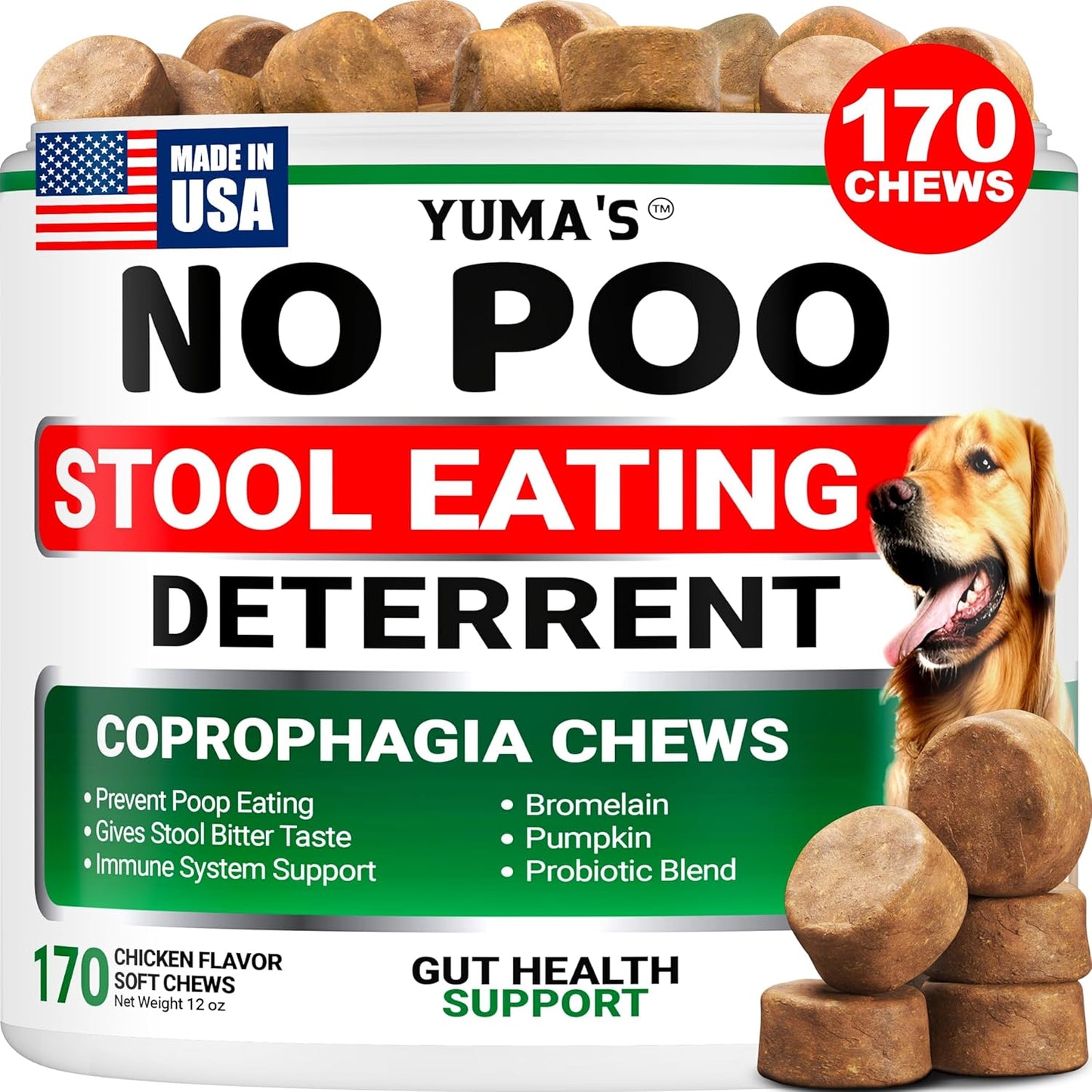 YUMA'S No Poo Chews for Dogs - 170 Count - Coprophagia No Poop Eating Deterrent for Dogs - Stop Eating Poop for Canine - Gut Health - Probiotics & Digestive Enzymes Supplement - Made in USA